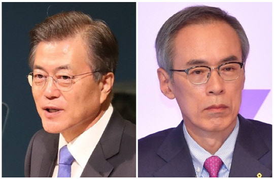 문재인 대통령(왼쪽)과 주진형 열린민주당 최고위원. 연합뉴스